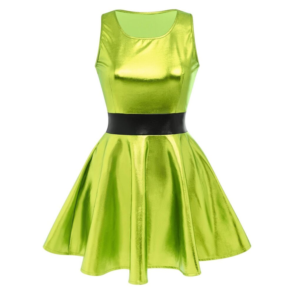 1372 Shiny Metallic Dress Sexy Sleeveless Skater Mini Dress Short Wet Look